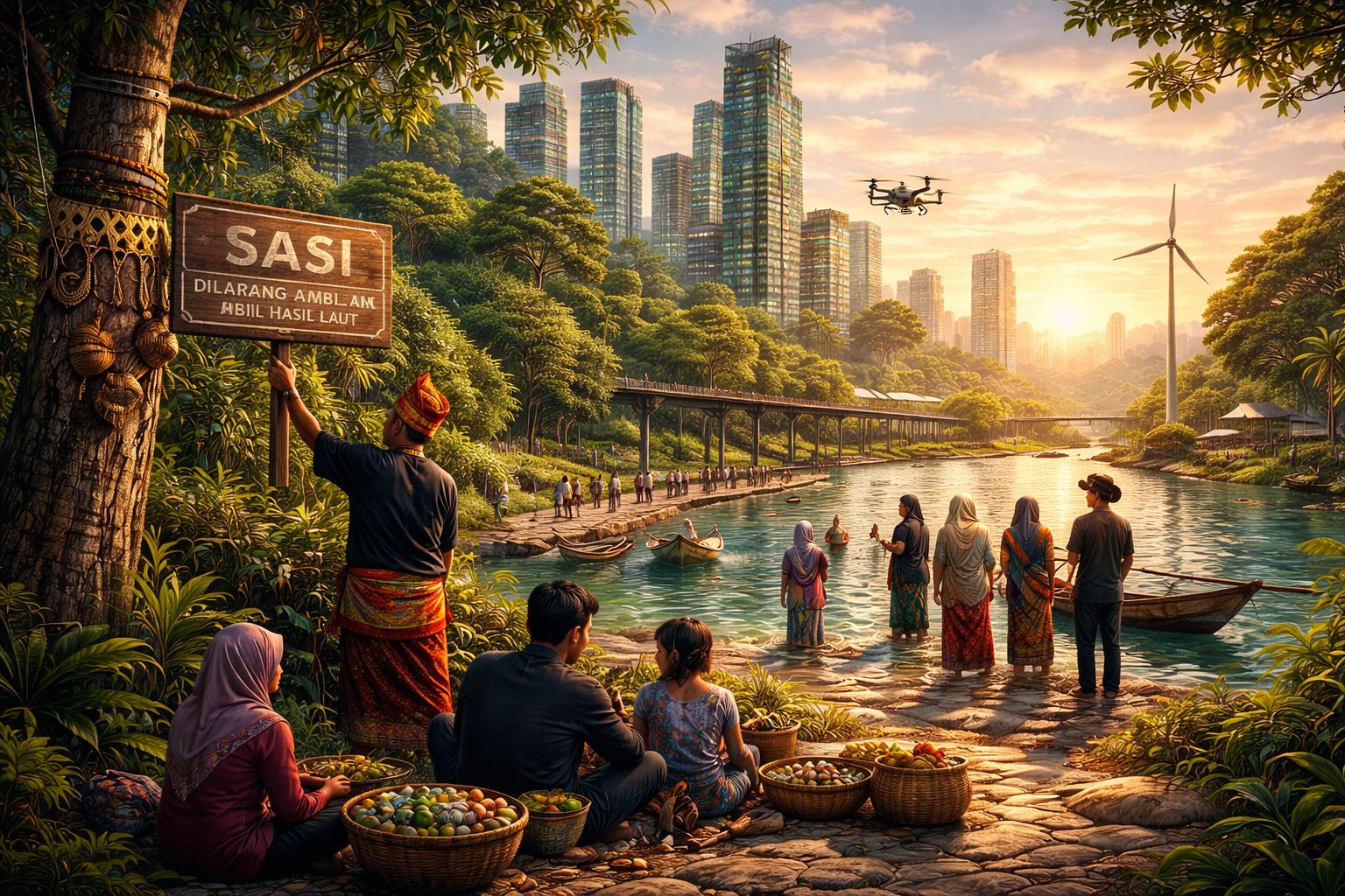 Ilustrasi realistis yang menampilkan harmoni antara kearifan lokal sasi dan peradaban modern, dengan masyarakat pesisir, sungai, ruang hijau, dan kota masa depan yang berkelanjutan.