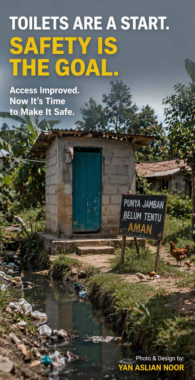 Gambaran kondisi sanitasi di Indonesia dengan sebuah jamban sederhana di dekat saluran air tercemar, menunjukkan bahwa akses toilet belum tentu berarti sanitasi yang aman.