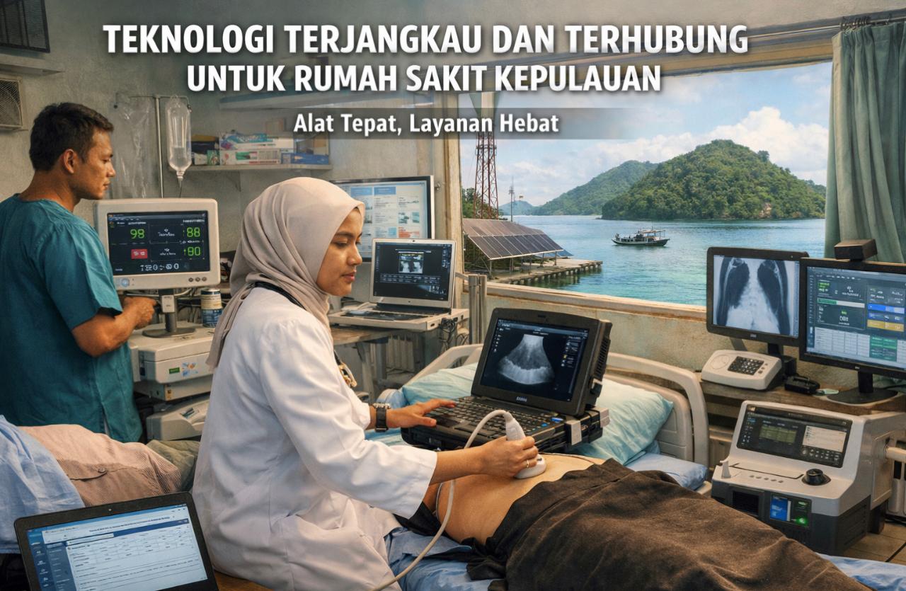 Ilustrasi layanan rumah sakit di wilayah kepulauan Indonesia dengan teknologi tepat guna, konektivitas digital, dan penguatan akses bagi pulau kecil.