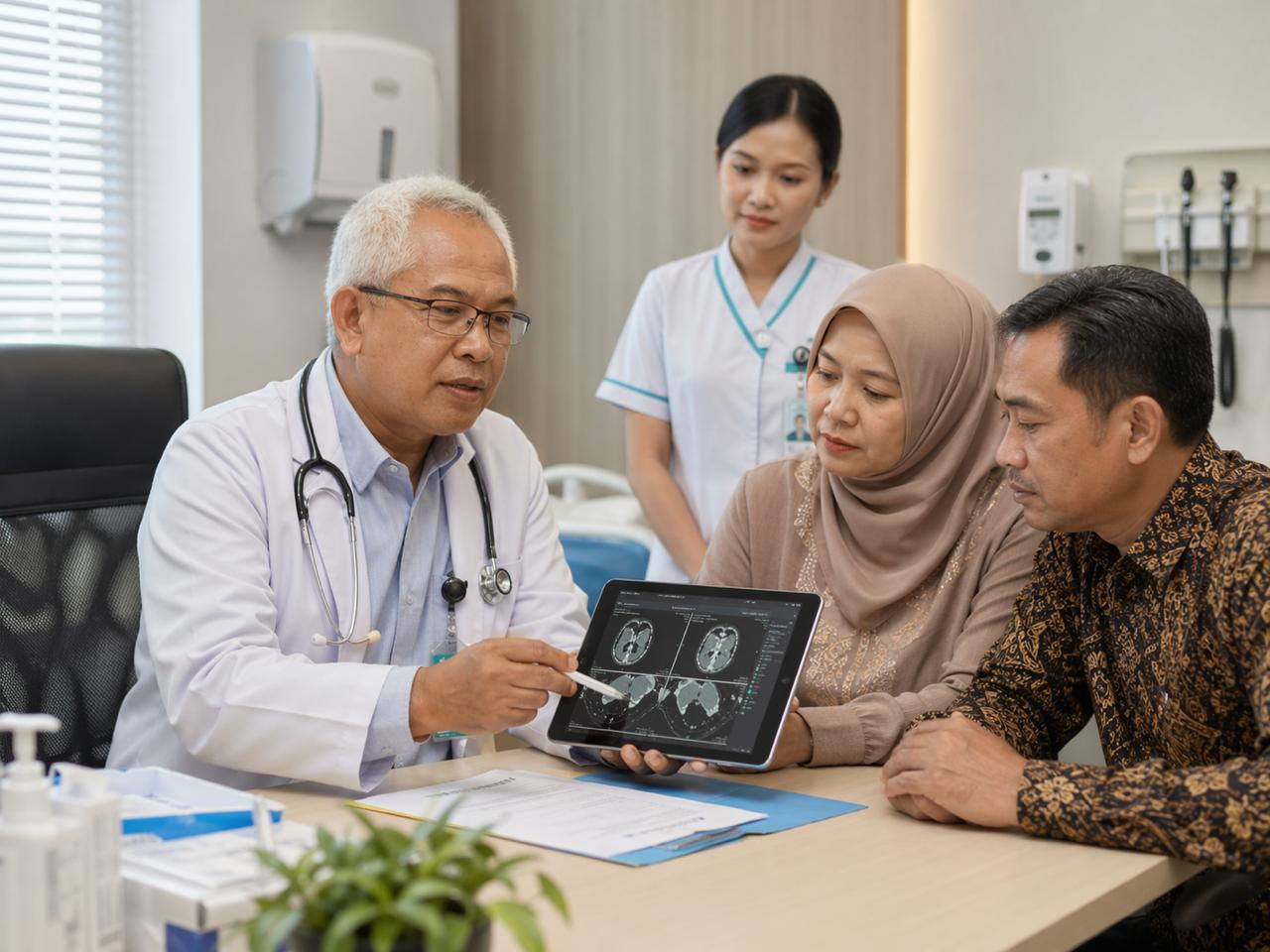 An Indonesian doctor explains a patient’s medical condition to a family using a tablet in a hospital consultation room, supported by a nurse, representing patient-centred care and shared decision-making.
