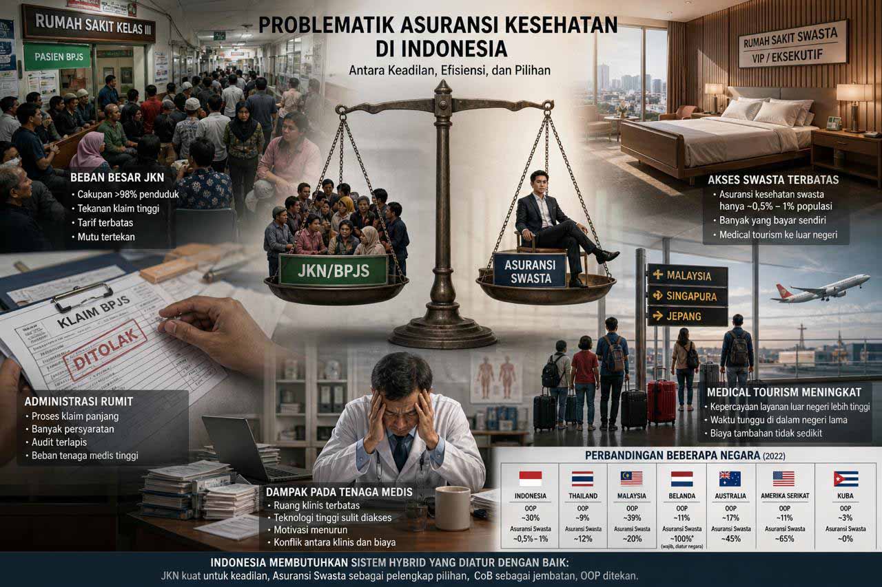 Ilustrasi realistis problematik asuransi kesehatan di Indonesia, menampilkan keseimbangan antara JKN/BPJS dan asuransi swasta dalam konteks keadilan, efisiensi, dan pilihan layanan kesehatan.