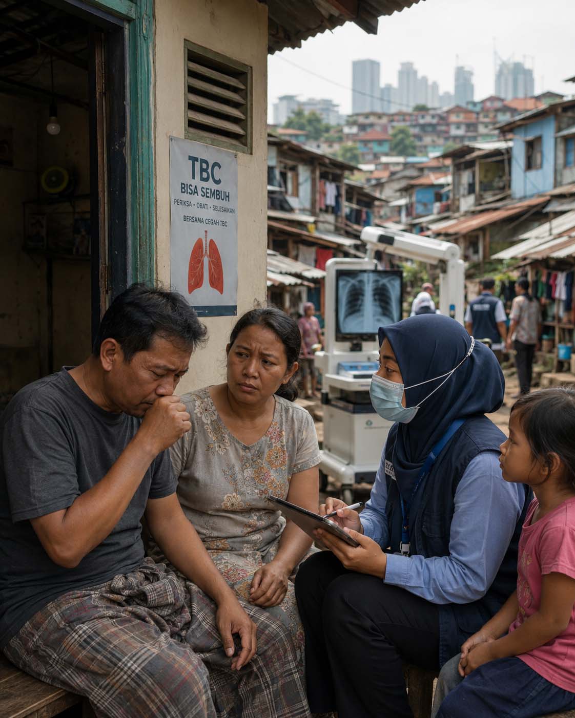 Petugas kesehatan melakukan skrining TBC pada keluarga Indonesia di permukiman padat, dengan poster edukasi TBC dan alat rontgen portabel sebagai simbol deteksi dini, kemiskinan, dan ketimpangan lingkungan.