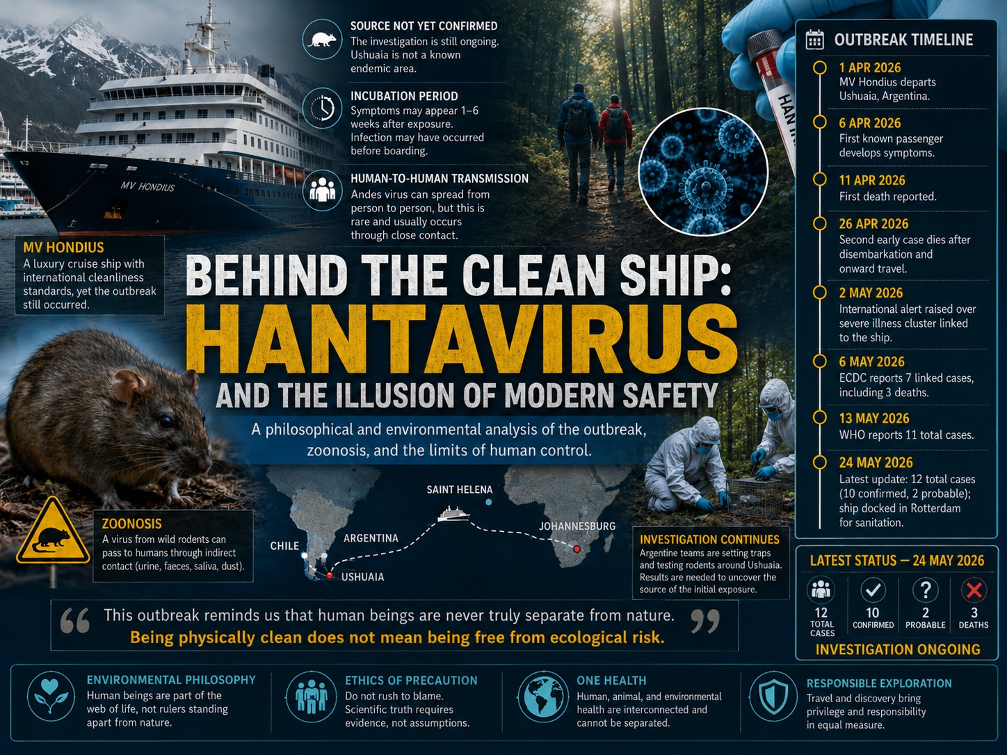 Infografik berbahasa Inggris tentang wabah hantavirus MV Hondius, menampilkan kapal pesiar, rodensia, peneliti, peta perjalanan, dan timeline kasus hingga 24 Mei 2026.