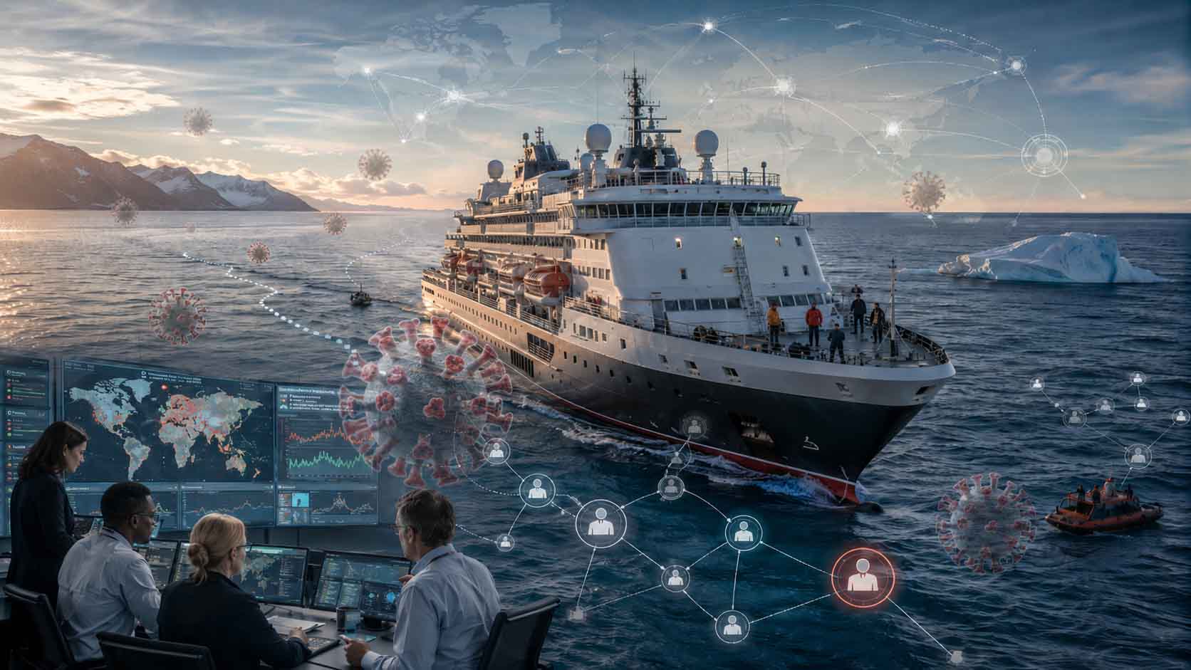 Ilustrasi kapal pesiar MV Hondius di laut dengan visual partikel virus, peta jaringan global, dan tim kesehatan memantau data wabah hantavirus lintas negara.
