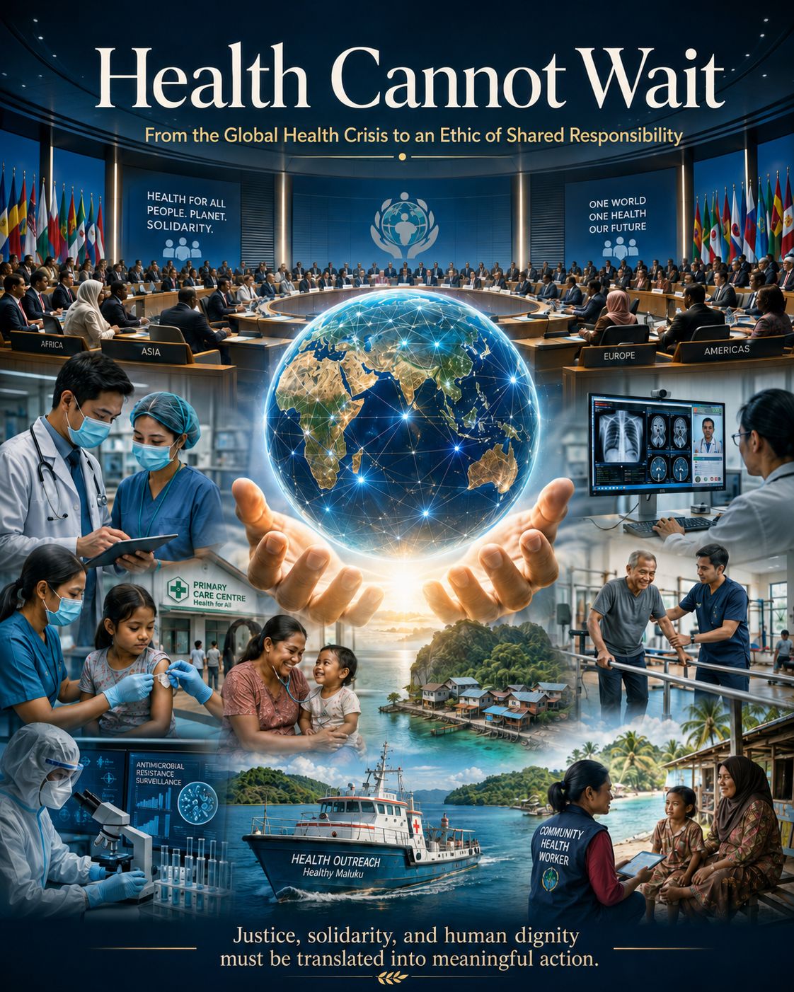 Ilustrasi kesehatan global yang menampilkan sidang internasional, bola dunia bercahaya, tenaga kesehatan, vaksinasi, teleradiologi, rehabilitasi, laboratorium, dan layanan kesehatan masyarakat sebagai simbol keadilan, solidaritas, dan aksi nyata untuk Health for All.
