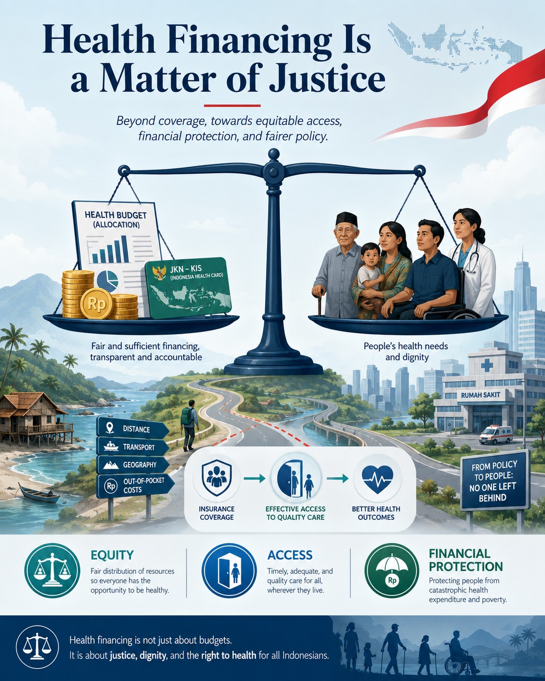 Conceptual illustration of equitable health financing in Indonesia, showing the relationship between health budgets, national health insurance coverage, access to care, financial protection, and strategic advocacy for vulnerable populations.