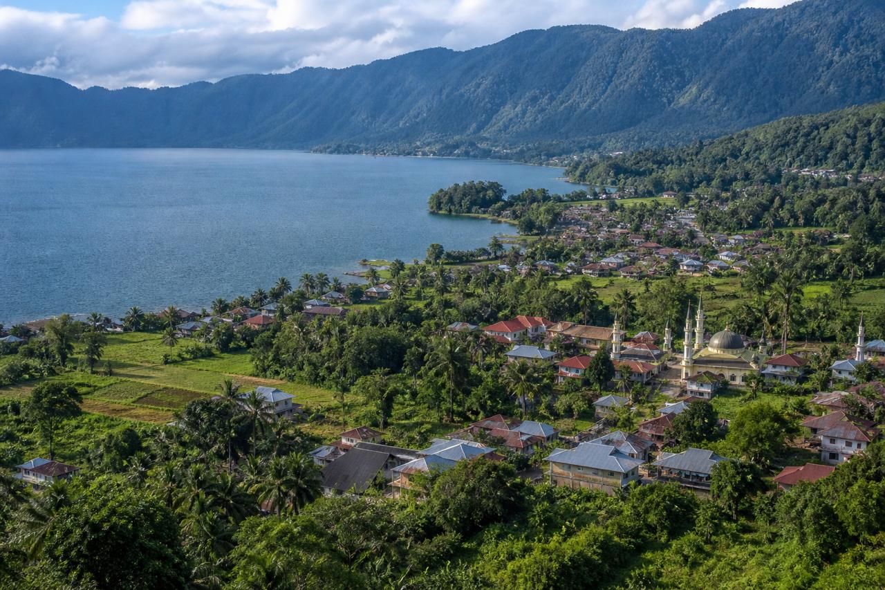 Pemandangan Danau Maninjau di Sumatera Barat dengan nagari di tepi danau, rumah-rumah tradisional, masjid, serta perbukitan hijau khas Minangkabau.