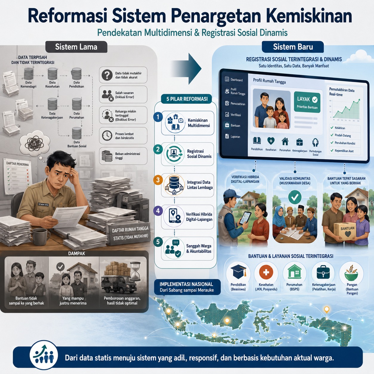Infographic illustrating the reform of Indonesia’s poverty targeting system, showing a transition from fragmented and outdated data towards a dynamic, integrated, multidimensional social registry with citizen accountability.