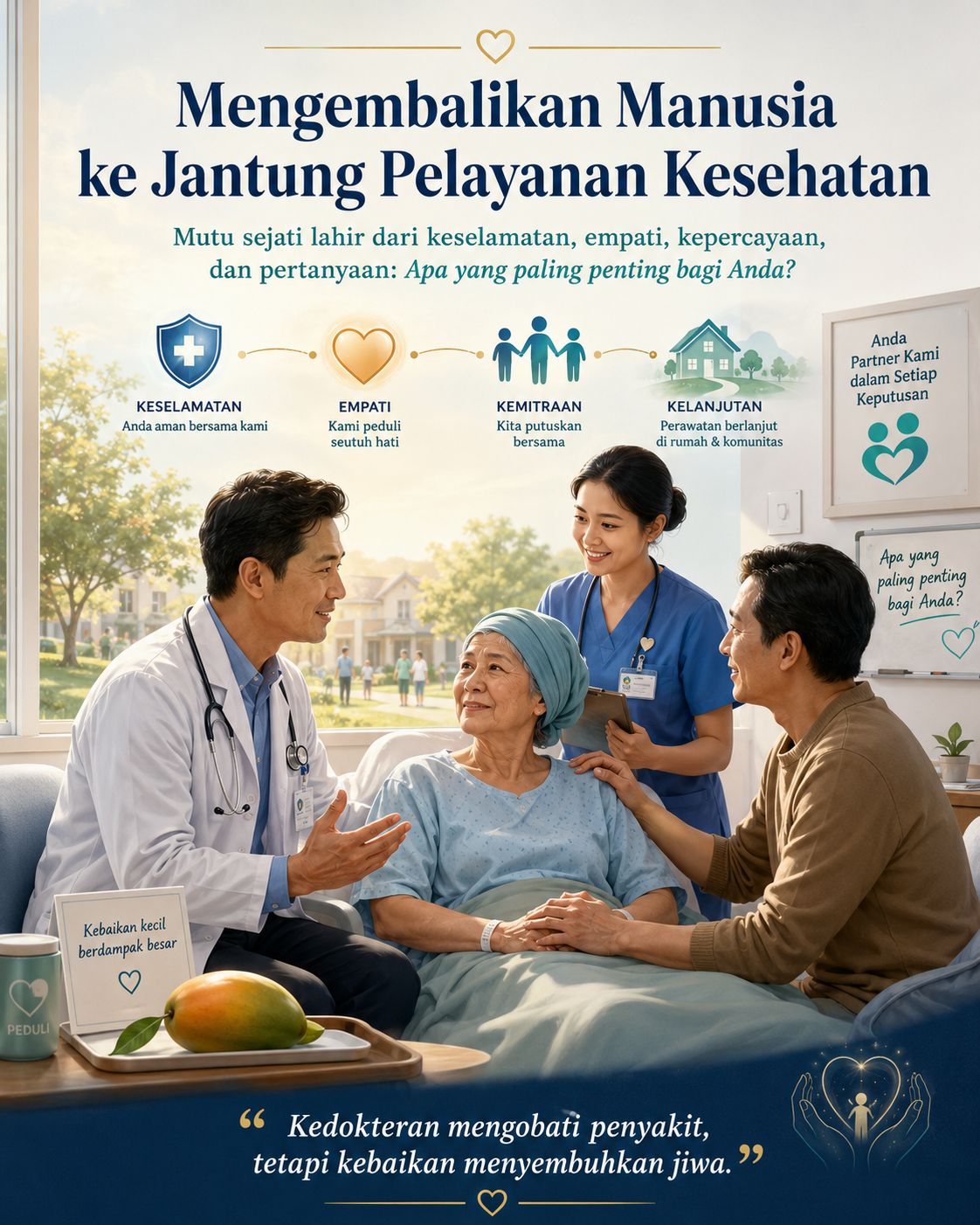Ilustrasi dokter, perawat, pasien, dan keluarga berdiskusi hangat di ruang perawatan rumah sakit, menggambarkan pelayanan kesehatan yang berpusat pada manusia, keselamatan pasien, empati, kepercayaan, kemitraan, dan kebaikan kecil seperti Mango Moment.
