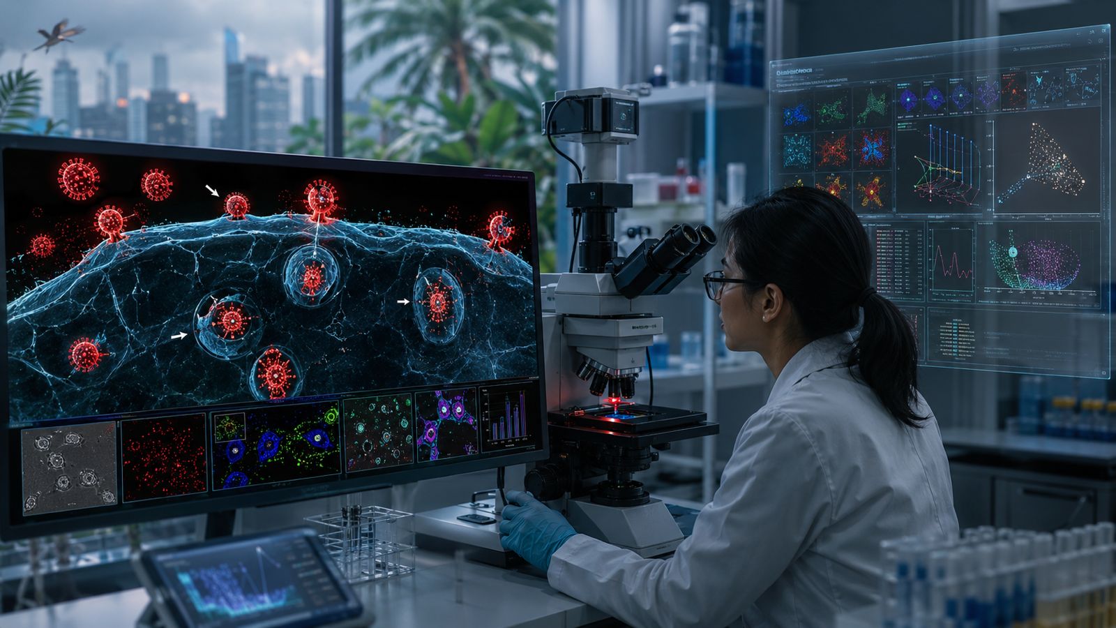 Ilustrasi realistis seorang peneliti mengamati proses masuknya virus ke dalam sel melalui mikroskop canggih, dengan visualisasi sel, partikel virus, data kecerdasan buatan, dan latar ekosistem tropis sebagai simbol hubungan antara biomedis, teknologi, dan lingkungan.