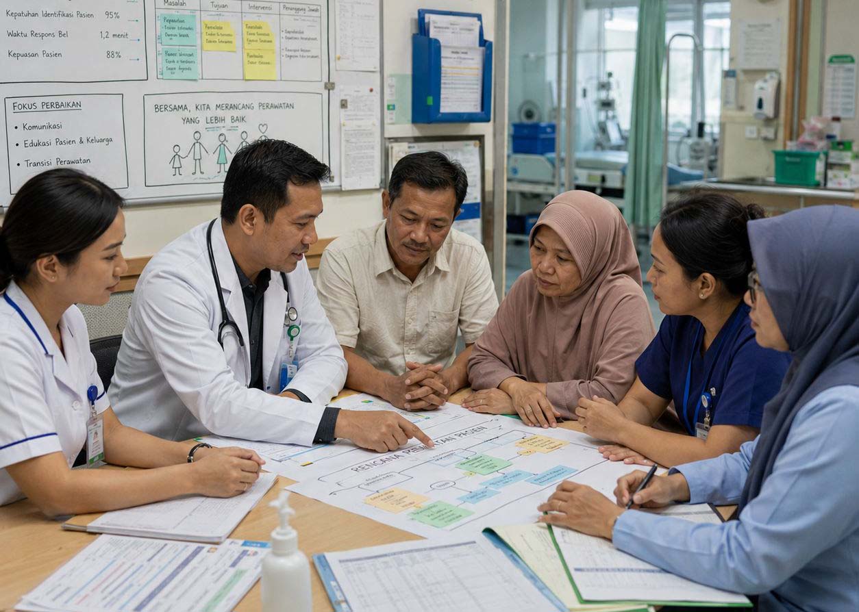 Ilustrasi realistis tim dokter, perawat, tenaga mutu, pasien, dan keluarga pasien di ruang kerja rawat inap rumah sakit di Indonesia sedang berdiskusi bersama mengenai rencana perawatan, keselamatan pasien, suara pasien, akuntabilitas, dan perbaikan mutu layanan.