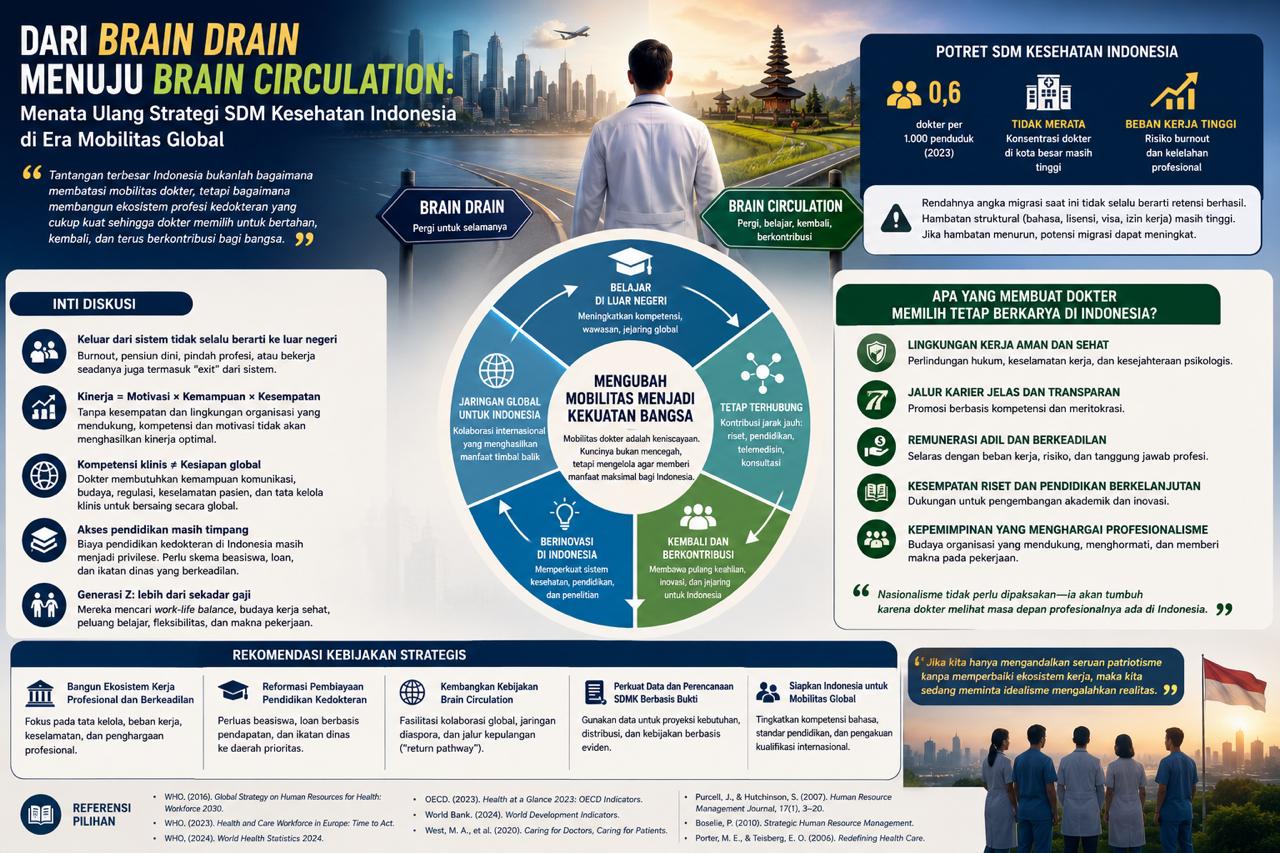 Infografik mengenai transformasi strategi SDM kesehatan Indonesia dari brain drain menuju brain circulation melalui penguatan retensi dokter, mobilitas global, reformasi pendidikan kedokteran, dan keberlanjutan sistem kesehatan nasional.