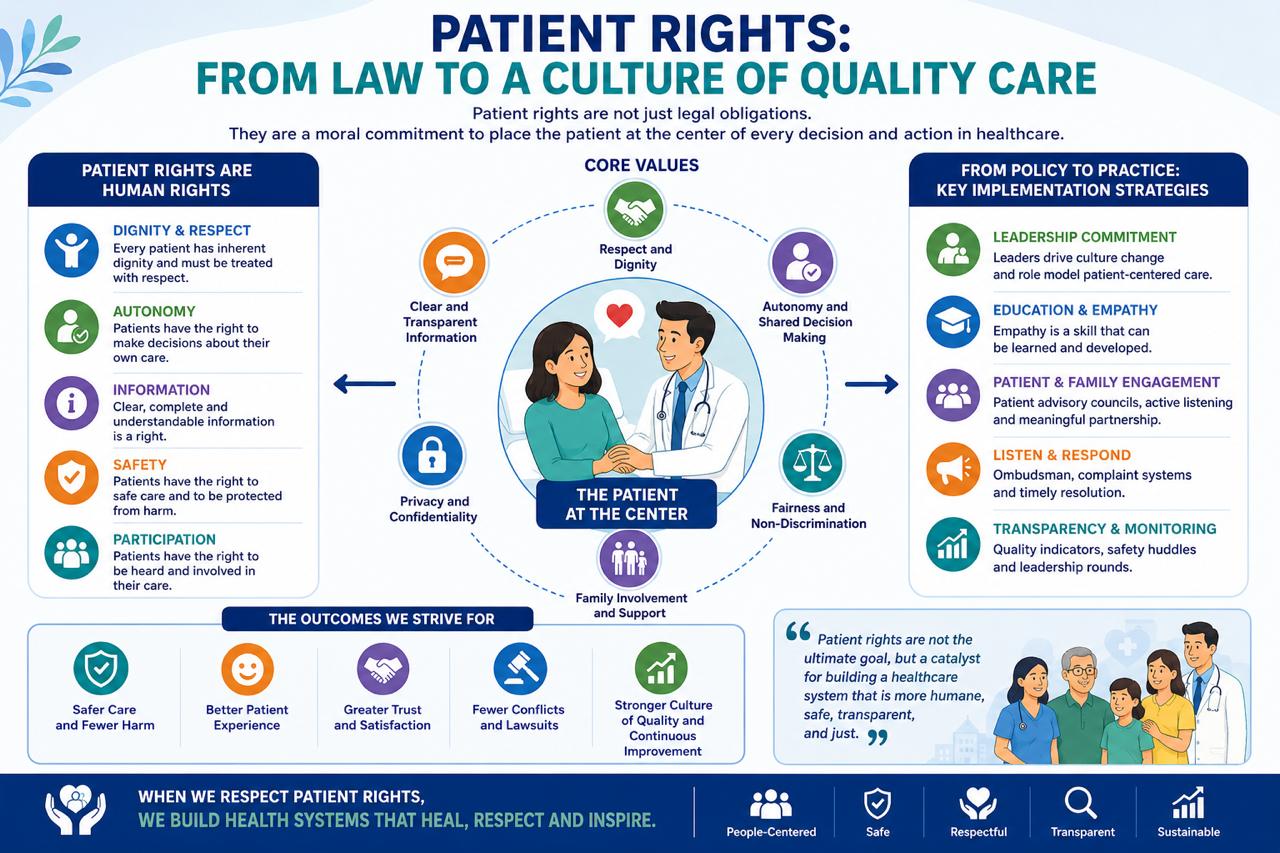 Patient-centred healthcare infographic illustrating how patient rights, clinical governance, patient safety, organisational culture, leadership, empathy, and patient engagement work together to transform healthcare quality beyond legal compliance.