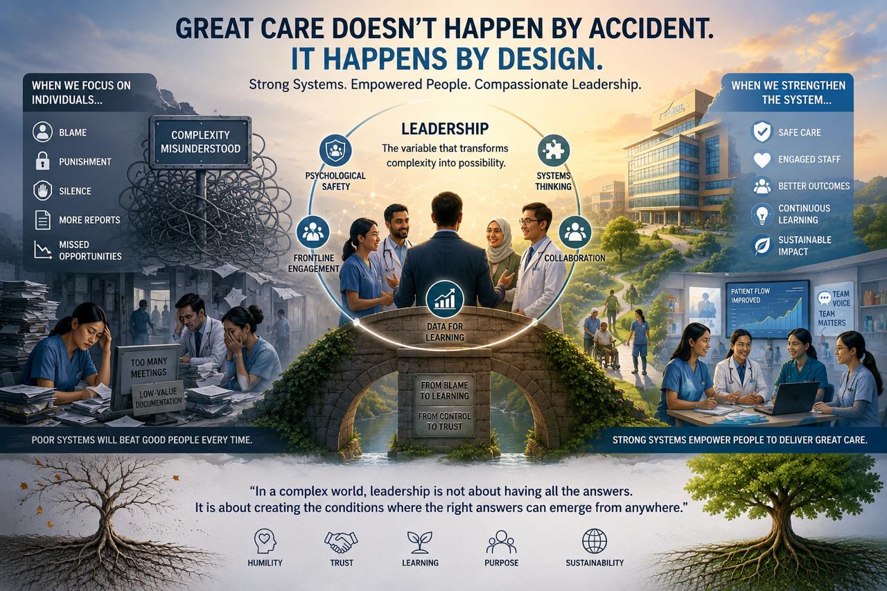 An illustrated healthcare leadership infographic showing the transition from blame, bureaucracy, and system complexity towards psychological safety, systems thinking, collaboration, and continuous learning, highlighting leadership as the key driver of healthcare quality, patient safety, and organisational transformation.