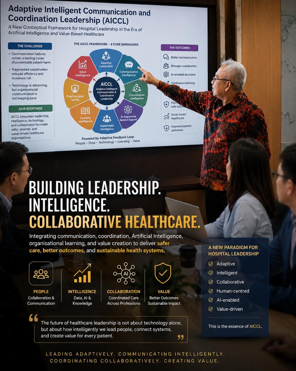 Dr Yan Aslian Noor presenting the Adaptive Intelligent Communication and Coordination Leadership (AICCL) framework for future hospital leadership.