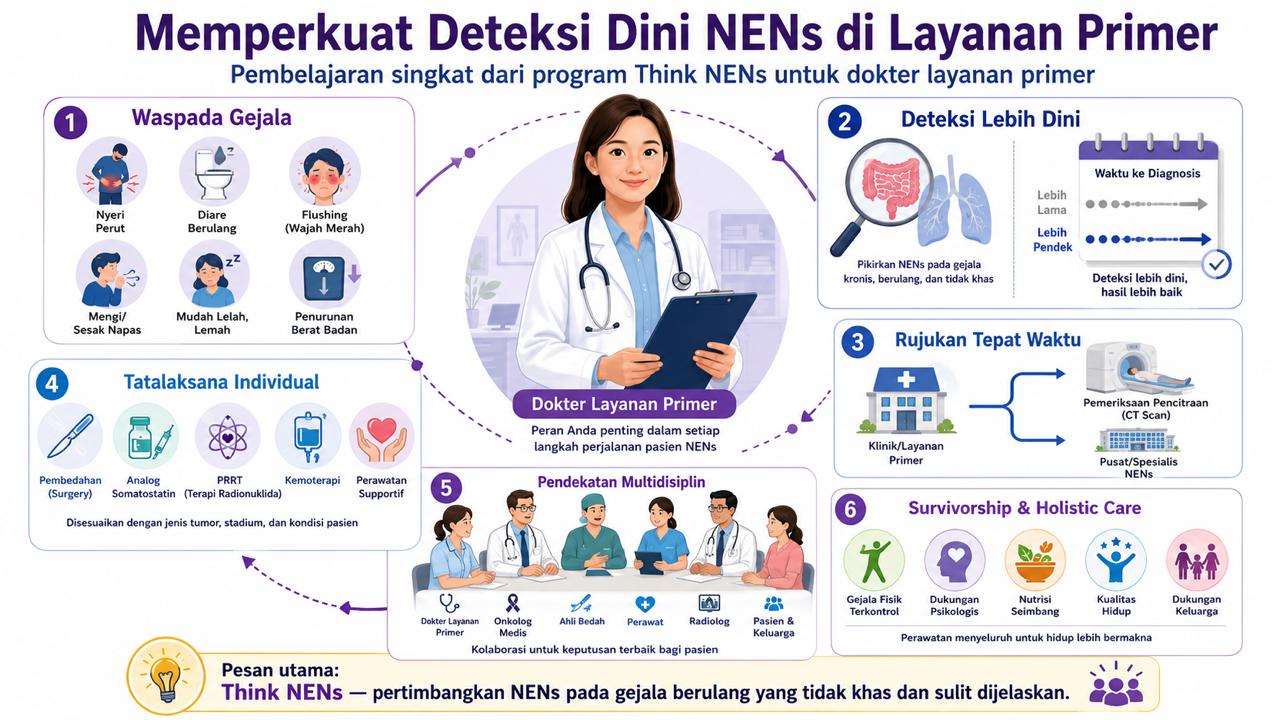 Medical infographic illustrating the role of primary care clinicians in recognising recurrent symptoms of neuroendocrine neoplasms, arranging timely imaging and specialist referral, supporting individualised treatment, and providing multidisciplinary survivorship care.