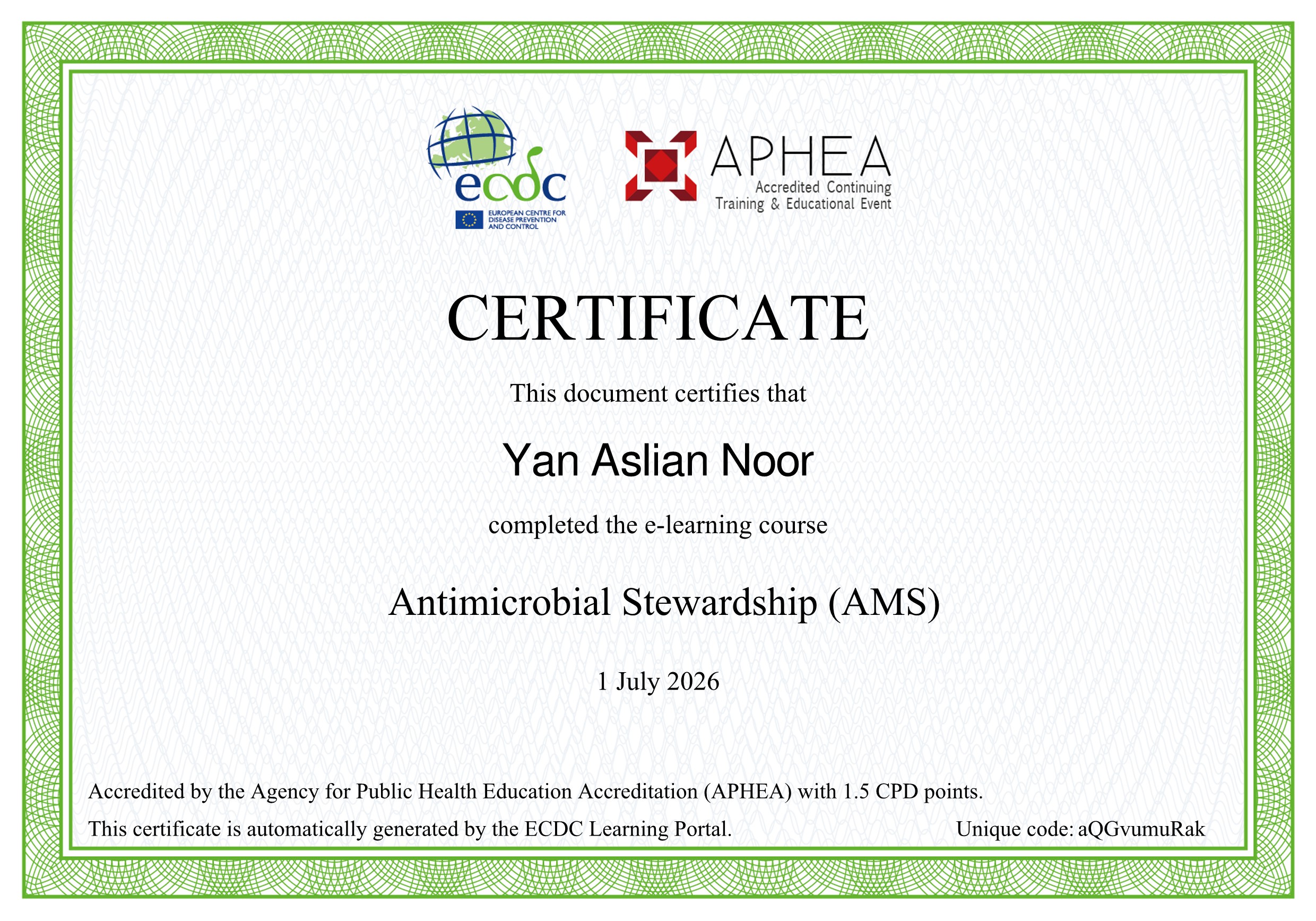 Successfully Completed the APHEA-Accredited Antimicrobial Stewardship (AMS) Programme by ECDC